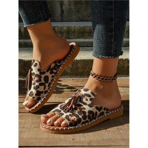 Fringe Leopard Print Flat Sandals, Water-Resistant Slippers Ship 7-10 Days